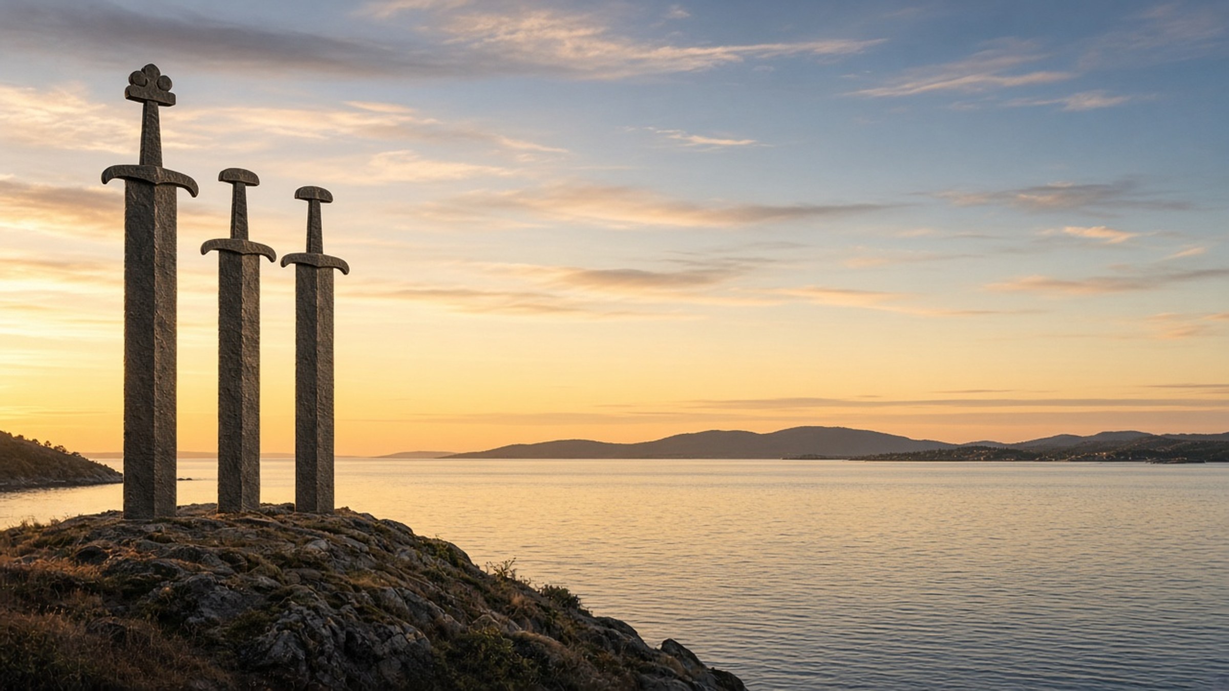 The Sverd i fjell swords at Hafrsfjord at dawn